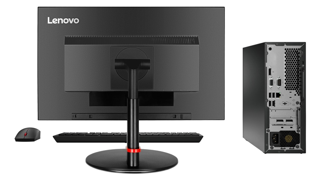 Rear shot of Lenovo ThinkCentre M720e SFF next to monitor, keyboard and mouse