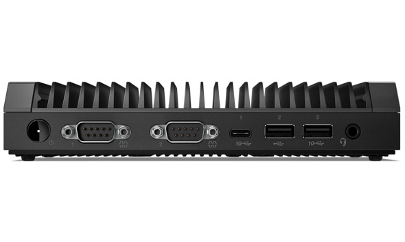 Front view of the ThinkCentre M75n IoT, highlightng the array of ports