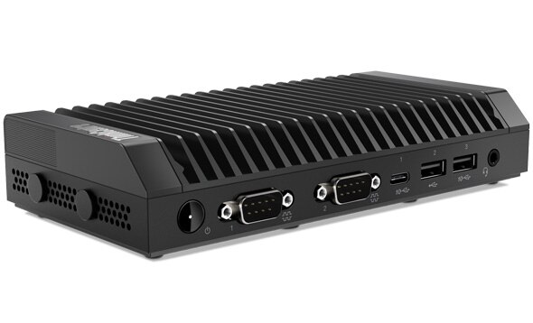 An angled view of the ThinkCentre M75n IoT, showing the various ports