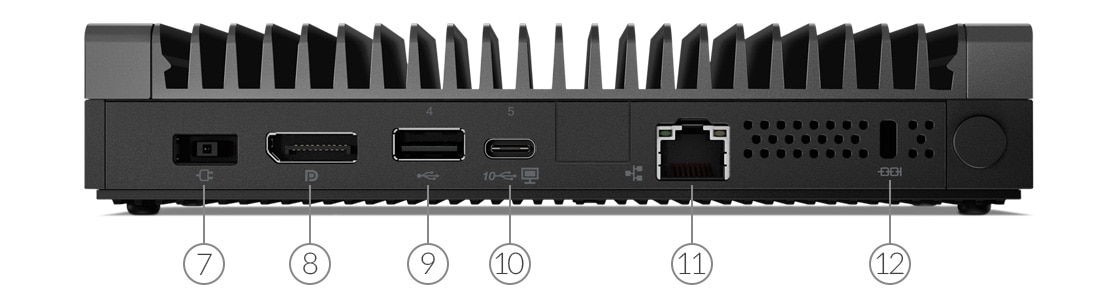 Lenovo ThinkCentre M75q Tiny pohled zezadu zobrazující porty