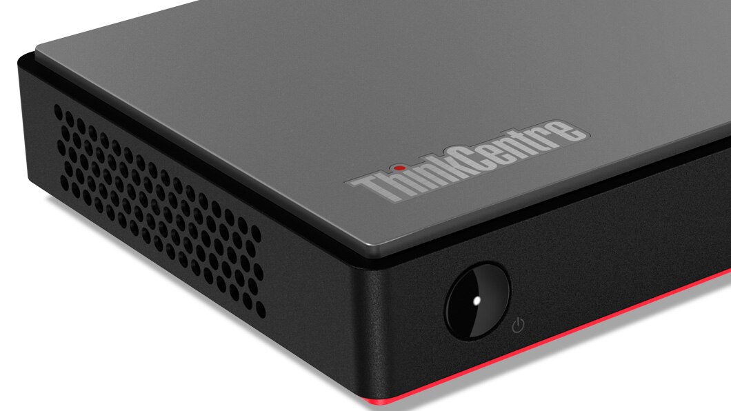 Closeup of the left side of the ThinkCentre M75n Thin Client nano PC showing the power button