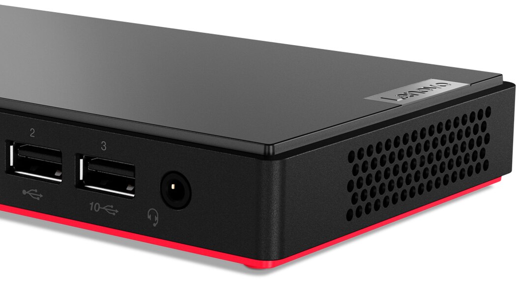 Closeup of the right front side of the ThinkCentre M75n Thin Client, showing two USB ports and the headphone port