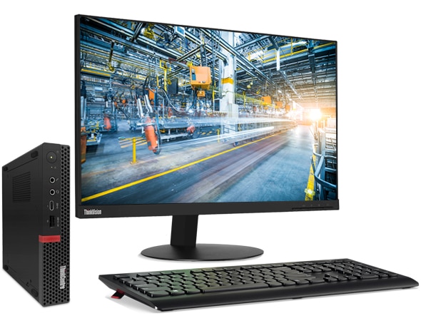 ThinkCentre M75q Tiny with a keyboard and display (both not included) showing a factory scene