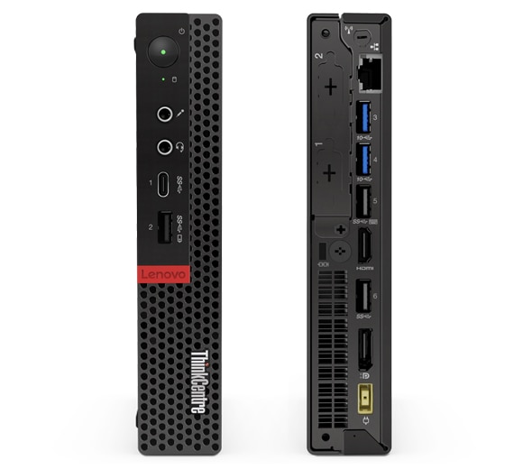 Two ThinkCentre M75q Tiny models, front and back, showing the various ports