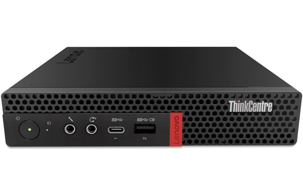 ThinkCentre M75q Tiny laying horizontally, powered on and showing the front ports