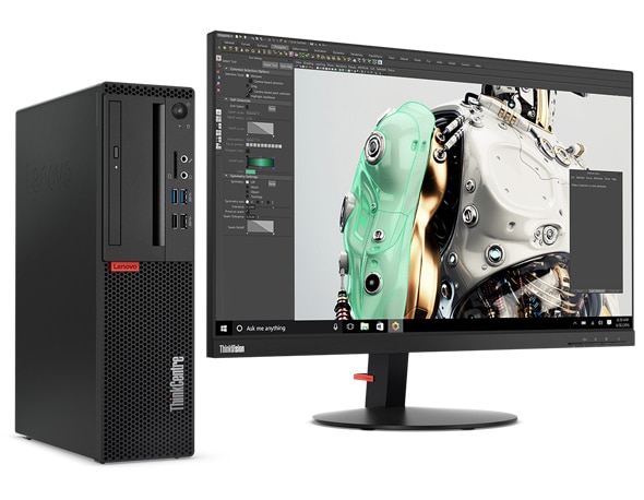 A ThinkCentre M75s stood alongside a monitor, showing a close-up of a 3D robot design