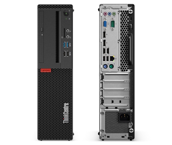 Two ThinkCentre M75s SFF towers stood next to each other, showing front and back ports