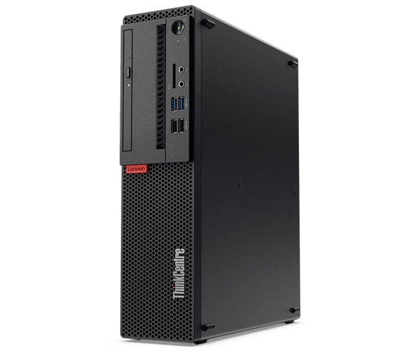 A ThinkCentre M75s stood at an angle, highlighting the ThinkCentre logo and front ports