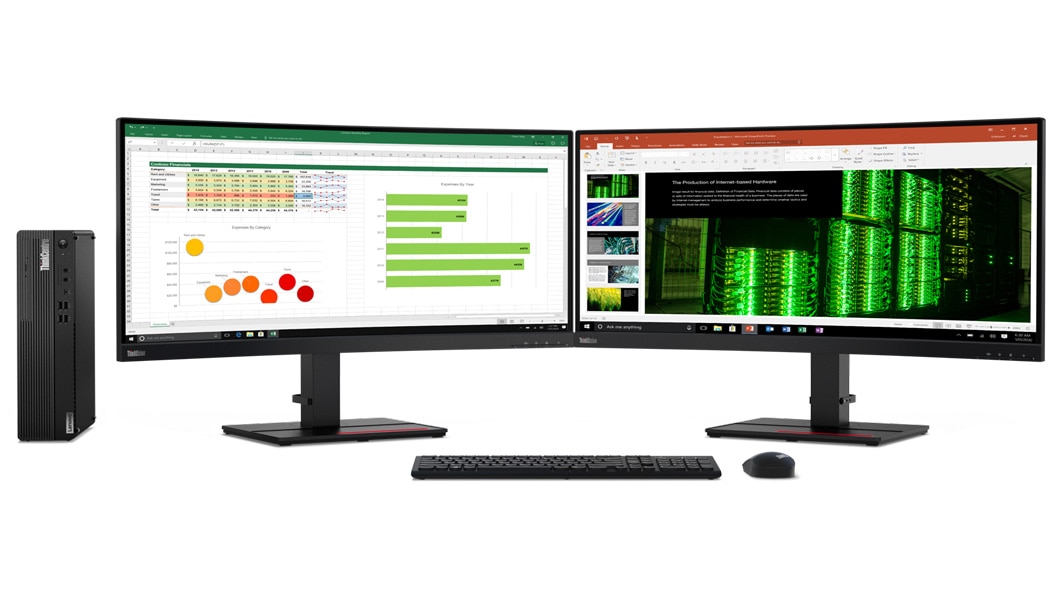 Lenovo ThinkCentre M80s desktop next to monitor, keyboard and mouse
