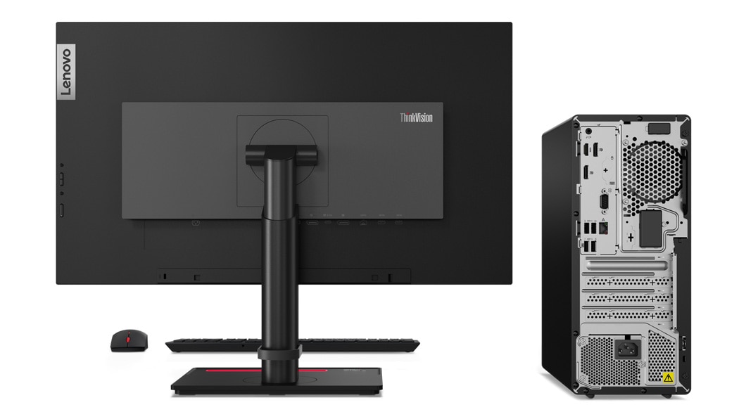 Rear view of Lenovo ThinkCentre M80t desktop next to monitor, keyboard and mouse