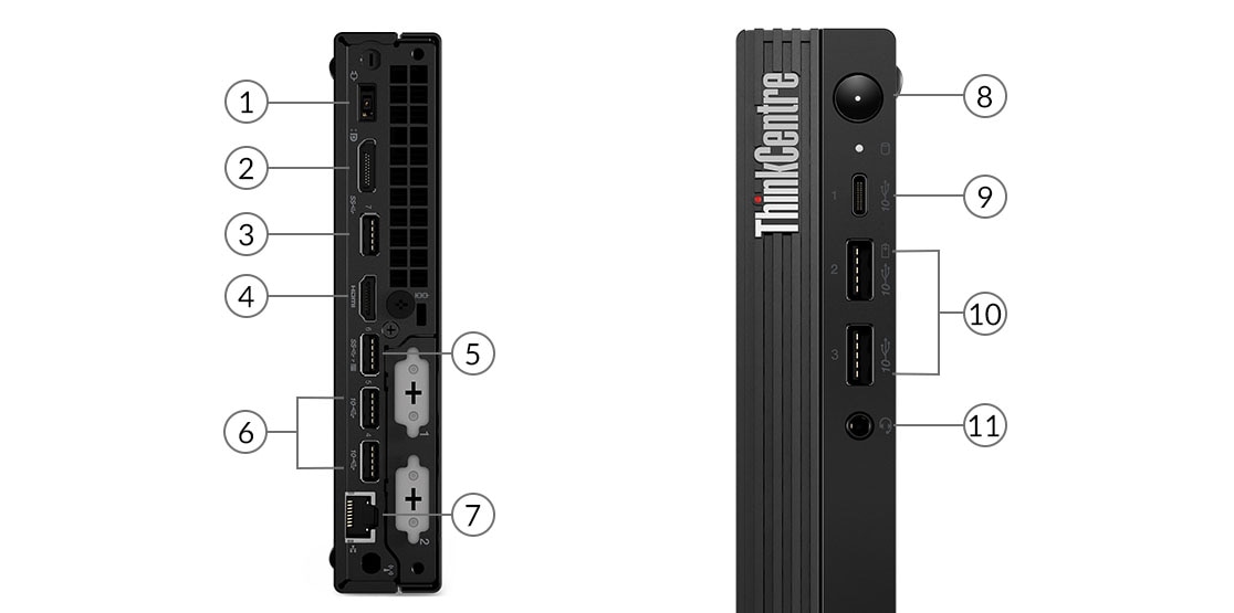 To PC-er med Lenovo ThinkCentre M90q Gen 3 plassert ved siden av hverandre, viser portene foran og bak