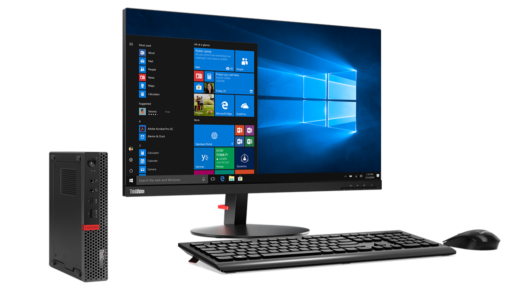 Lenovo ThinkCentre M920x Tiny, front left side view with monitor, keyboard, and mouse.