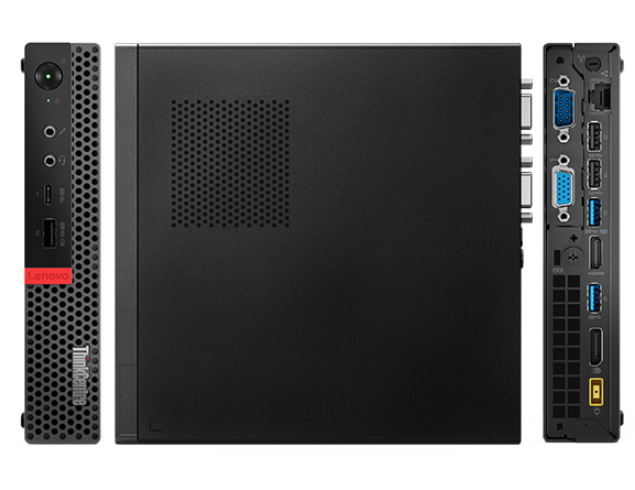 Front, rear, and top views of the Lenovo ThinkCentre M920x Tiny, showing ports and venting.