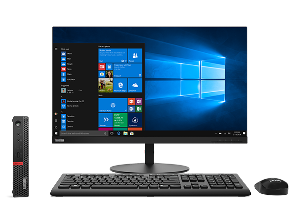 Front view of Lenovo ThinkCentre M920x Tiny with monitor, keyboard, and mouse.