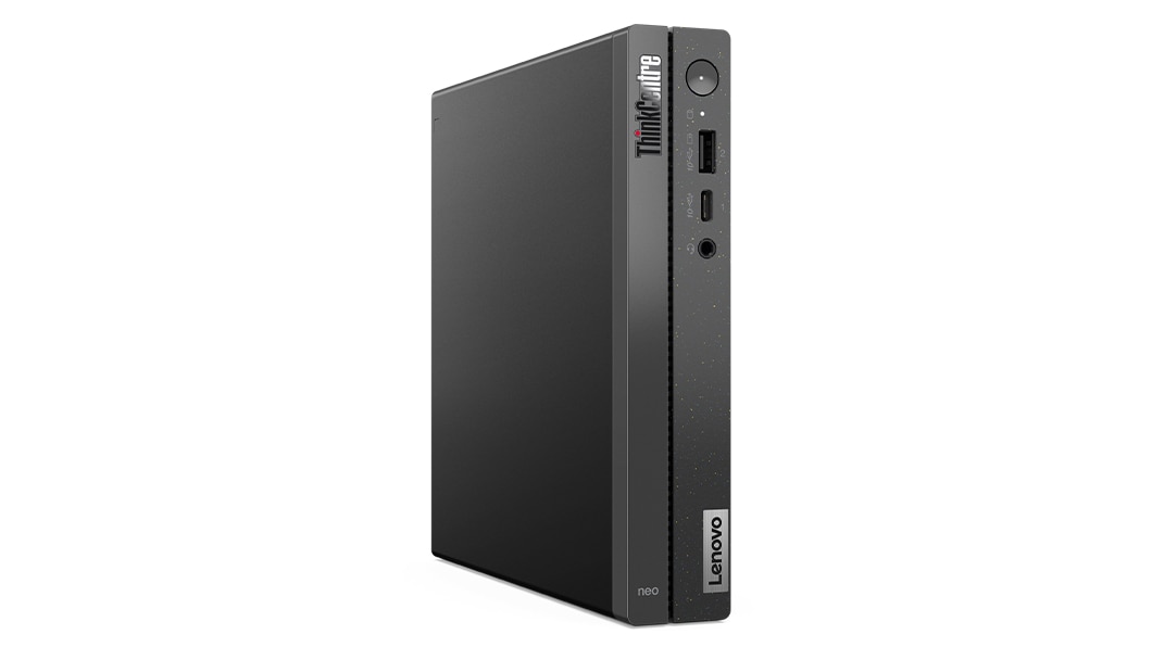 Side-facing Lenovo ThinkCentre Neo 50q Gen 4 Tiny (Intel), stood vertically, showing front & left-side panels