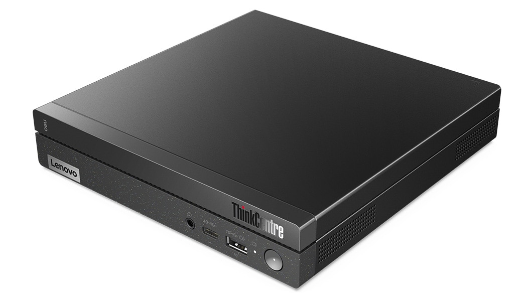 Side-facing Lenovo ThinkCentre Neo 50q Gen 4 Tiny (Intel), laid horizontally, showing front & two side panels.
