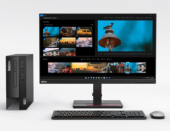 A typical set-up of the ThinkCentre Neo 50s Gen 4 Small Form Factor (SFF) business PC with the included mouse and keyboard (monitor not included).