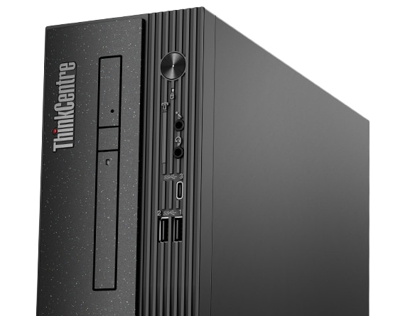 Close-up of the top portion of the distinctive front bezel of the ThinkCentre Neo 50s Gen 4 SFF, showing the distinctive logo and numerous front ports.