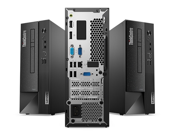 Photo illustration of three ThinkCentre Neo 50s Gen 4 SFF PCs sitting side, one of them showing the back of the system to highlight the many ports and slots and areas for expansion.