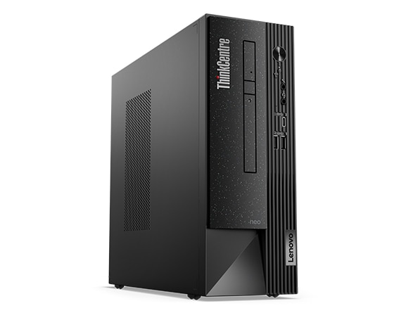 Low-angle view of the front and left sides of the ThinkCentre Neo 50s Gen 4 SFF business PC.
