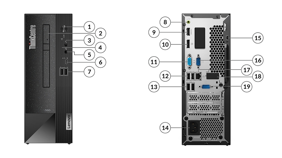 Close-ups of the front and back of the ThinkCentre Neo 50t Gen 4 business tower with the ports and slots numbered for identification using the Key that appears below.