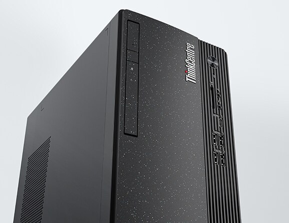 Low-angle close-up of the upper portion of the front of the ThinkCentre Neo 50t Gen 4 (Intel) business tower