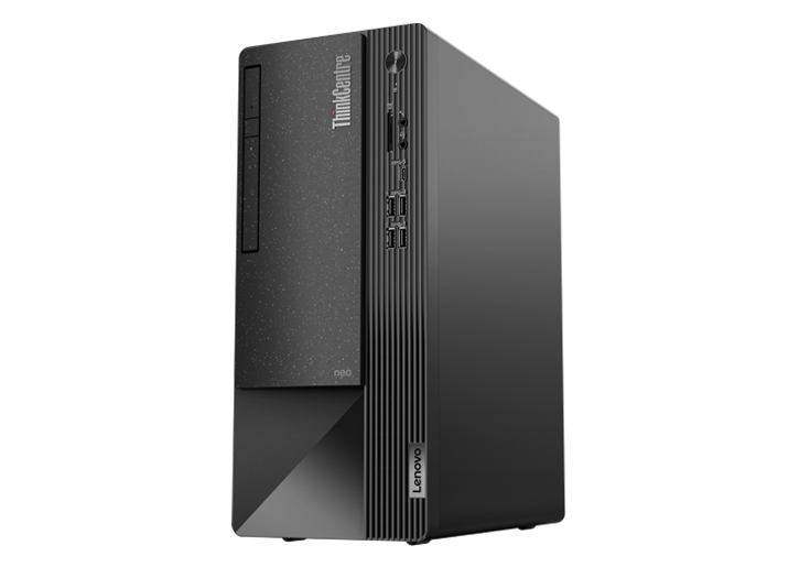 ThinkCentre Neo 50t Gen 4 (Intel) business tower viewed from front-right corner at low angle