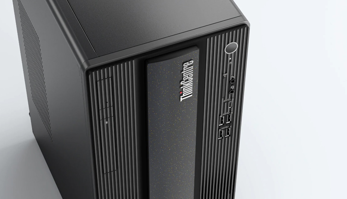 Close up of top & front of the Lenovo ThinkCentre Neo 70t tower PC.