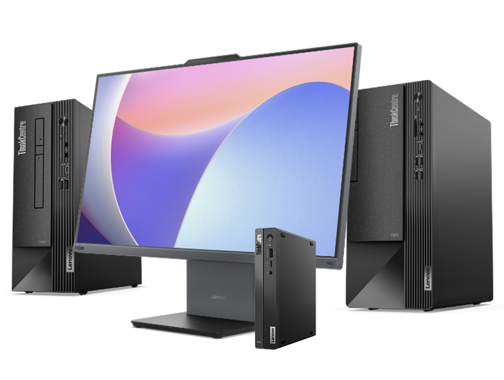 Lenovo ThinkCentre Neo Series products by type, from left to right: Neo Small Form Factor, Neo All-in-One, Neo Tiny PC, & Neo Tower desktop.
