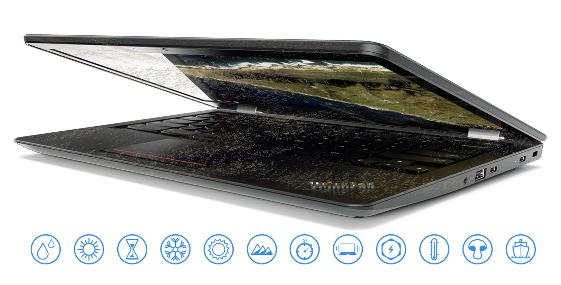 Lenovo ThinkPad 13 Chromebook Covered in Dirt with Icons Symbolizing Rugged Testing