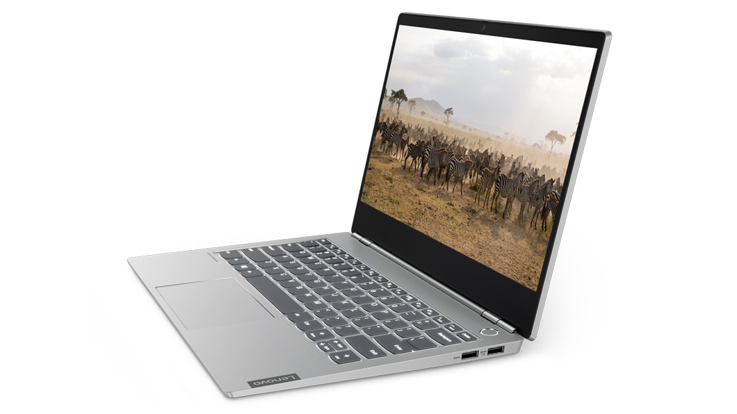 Side view of Lenovo ThinkBook 13s in laptop mode