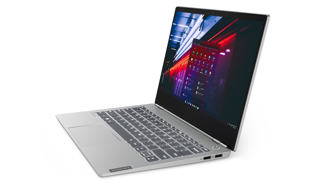 Vue latérale du Lenovo ThinkBook 13s en mode portable