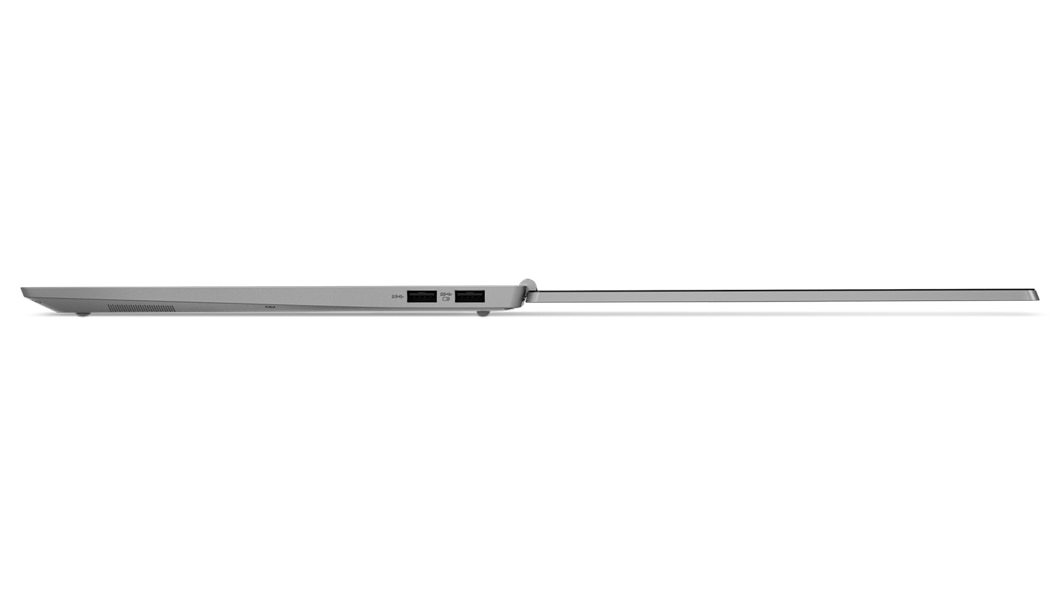Vue latérale du Lenovo ThinkBook 13s ouvert à 180 degrés