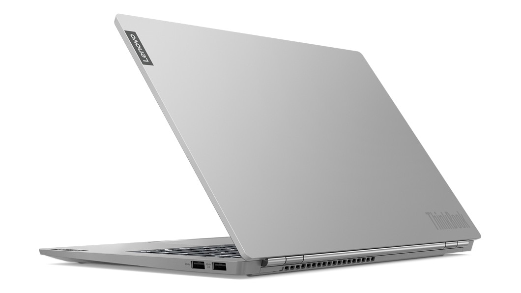 Rear view of half open Lenovo ThinkBook 14s in mineral gray color