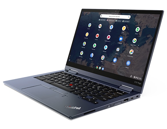 Lenovo ThinkPad C13 Yoga Chromebook Enterprise open 90 degrees and angled to show right-side ports.