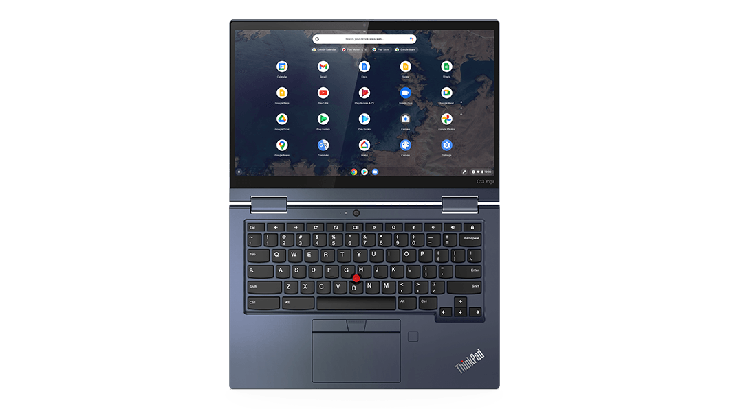 Bovenaanzicht van de ThinkPad C13 Yoga Chromebook, plat geopend