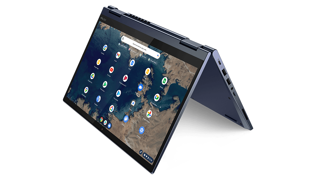 The ThinkPad C13 Yoga Chromebook laptop folded back as a tablet stand