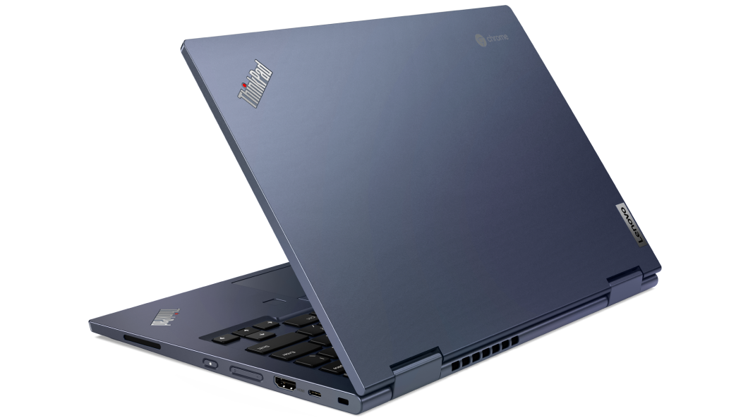 Vista del ángulo trasero izquierdo del portátil ThinkPad C13 Yoga Chromebook Enterprise