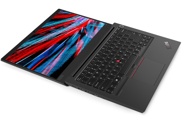 Täysin suoraksi avattu Lenovo ThinkPad E14 -kannettava, näkyvissä näppäimistö ja näyttö