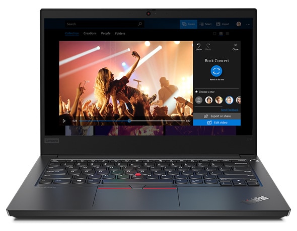 Front-facing view of the Lenovo ThinkPad E14 laptop, with display open and showing a rock concert