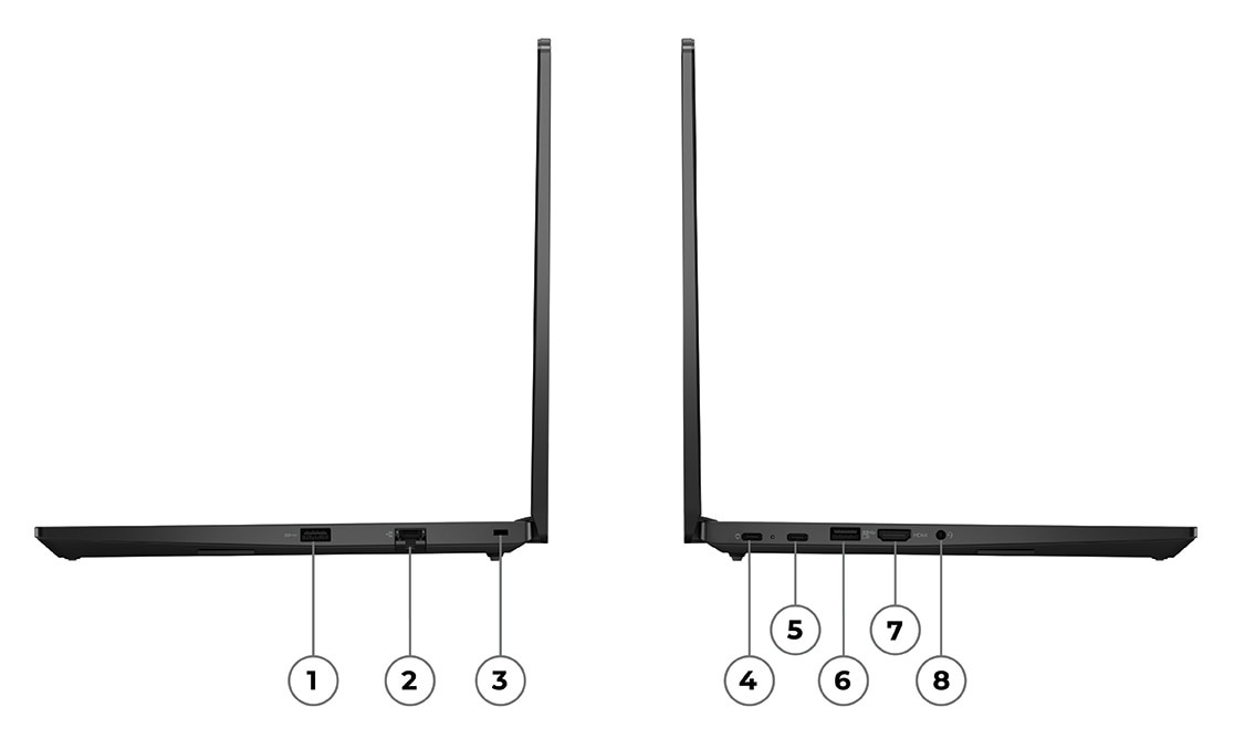 Dva prenosnika Lenovo ThinkPad E14 5. generacije (14, AMD) grafitno črne barve – pogled z desne in leve strani ter od zadaj, odprt pokrov, vrata in reže so oštevilčene za lažjo identifikacijo