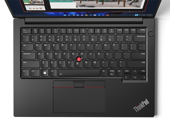 Aerial view of keyboard on open ThinkPad E14 Gen 5 (14