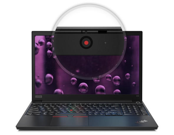 A ThinkPad E15 opened with a close up of the ThinkShutter cover at the top of the display
