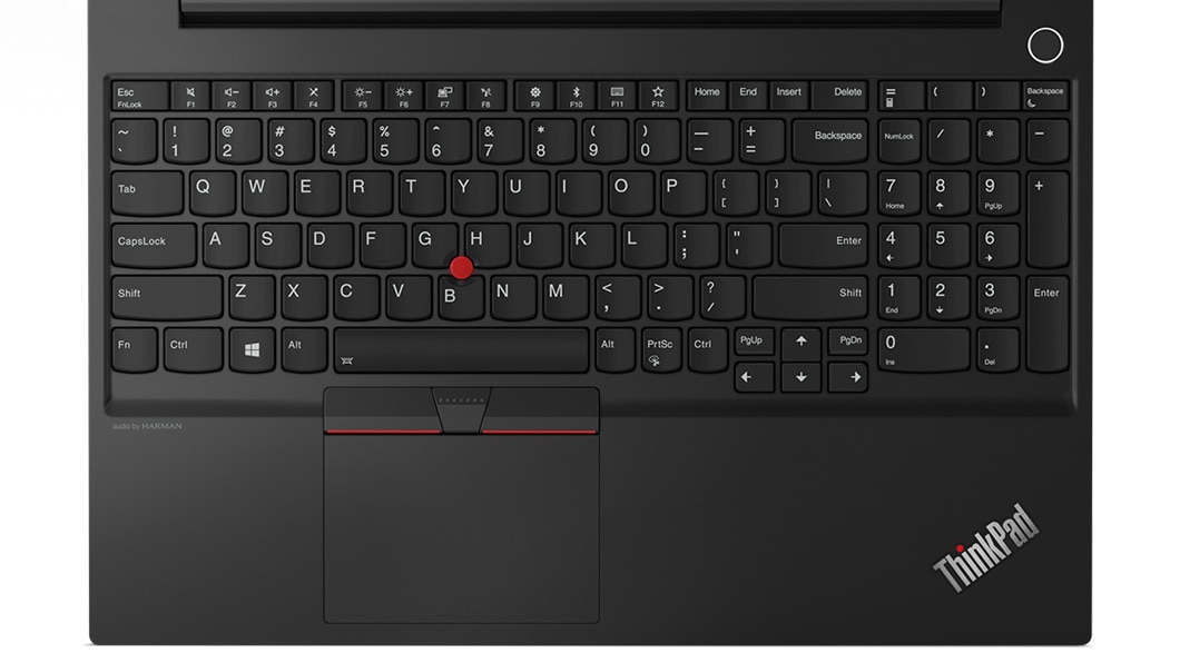 Overhead closeup view of the Lenovo ThinkPad E15 laptop keyboard and touchpad