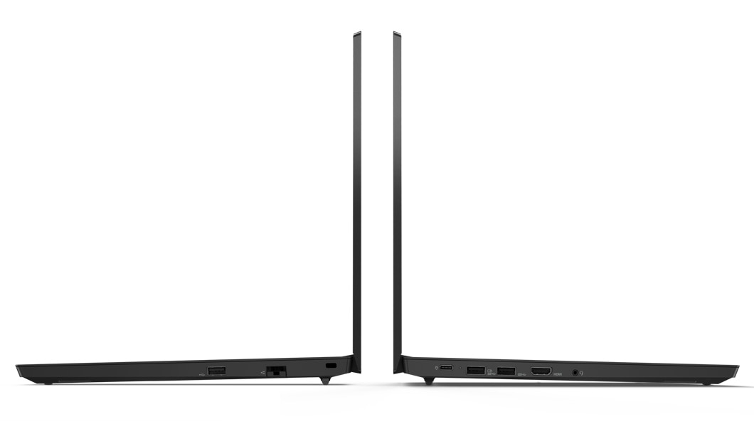 Vistas laterales del portátil Lenovo ThinkPad E15 abierto en un ángulo de 90 grados con los puertos visibles