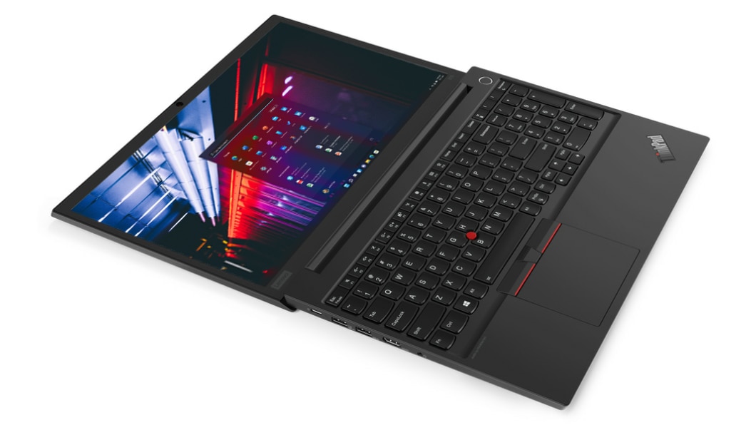 The Lenovo ThinkPad E15 laptop fully open, showing the keyboard and touchpad
