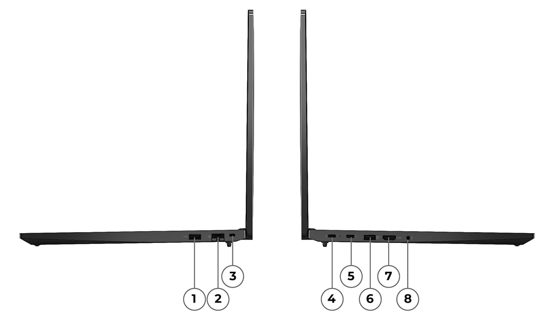 Два лаптопа Lenovo ThinkPad E16 (16″ Intel) - изгледи отдясно и отляво, с отворени капаци, гръб към гръб, с номерирани портове и слотове за идентификация