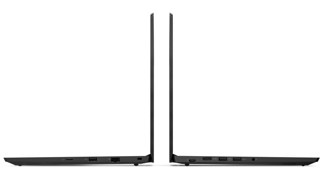 Lenovo ThinkPad E490s in black, left and right side views showing ports.