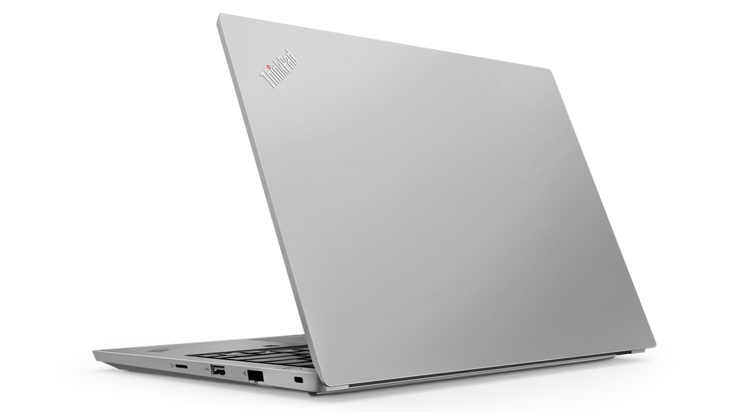 Lenovo ThinkPad E490s in silver, back right side view.