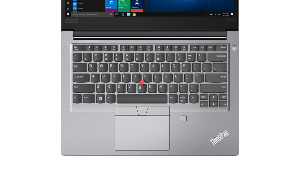 Lenovo ThinkPad E490s in silver, overhead view of keyboard.